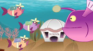 Fish tile screenshot, 3 fish and 1 big purple fish in front of school