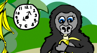 Gorilla tile screenshot, gorilla eating banana with clock in background